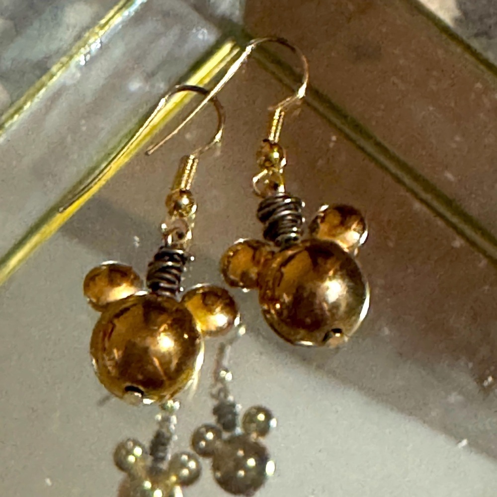 VINTAGE GOLD BEAD MICKEY MOUSE DANGLE EARRINGS